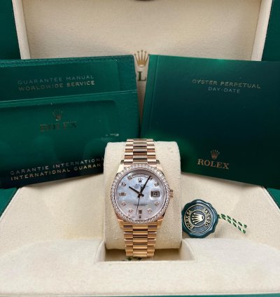 Rolex Day-date 36 36mm Mother Of Pearl Diamond Dial Rose Gold Bracelet 128345rbr Unworn 2022