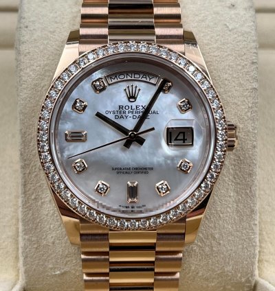 Rolex Day-date 36 36mm Mother Of Pearl Diamond Dial Rose Gold Bracelet 128345rbr Unworn 2022