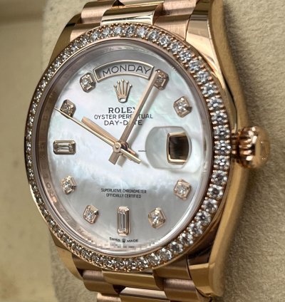Rolex Day-date 36 36mm Mother Of Pearl Diamond Dial Rose Gold Bracelet 128345rbr Unworn 2022