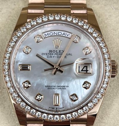 Rolex Day-date 36 36mm Mother Of Pearl Diamond Dial Rose Gold Bracelet 128345rbr Unworn 2022