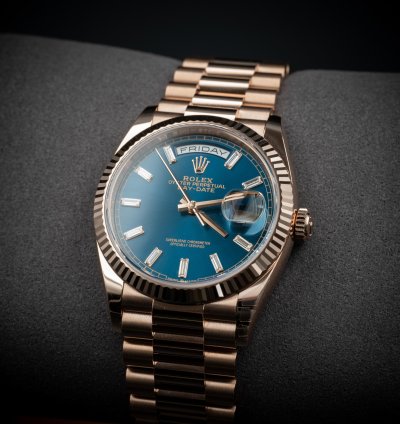 Rolex Day-date 36 36mm New Release Blue Baguette Dial Rose Gold