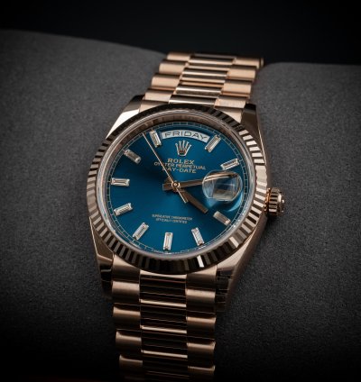 Rolex Day-date 36 36mm New Release Blue Baguette Dial Rose Gold