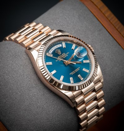 Rolex Day-date 36 36mm New Release Blue Baguette Dial Rose Gold