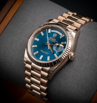 Rolex Day-date 36 36mm New Release Blue Baguette Dial Rose Gold