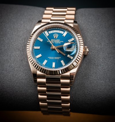 Rolex Day-date 36 36mm New Release Blue Baguette Dial Rose Gold