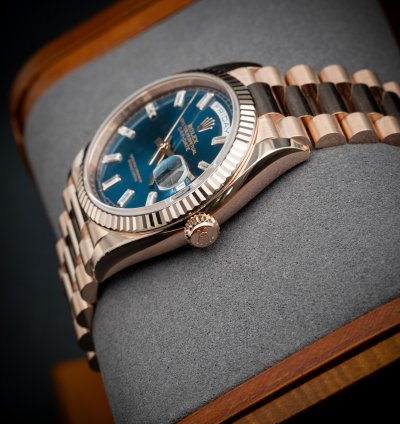 Rolex Day-date 36 36mm New Release Blue Baguette Dial Rose Gold