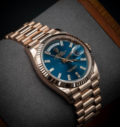 Rolex Day-date 36 36mm New Release Blue Baguette Dial Rose Gold