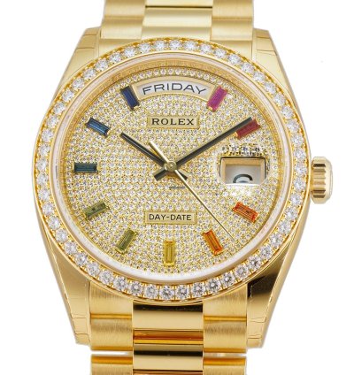 Rolex Day-date 36 36mm President 18k Yellow Gold Diamond Bezel Diamond Pav Rainbow Dial