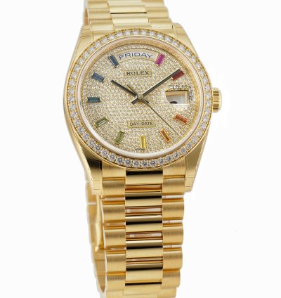 Rolex Day-date 36 36mm President 18k Yellow Gold Diamond Bezel Diamond Pav Rainbow Dial