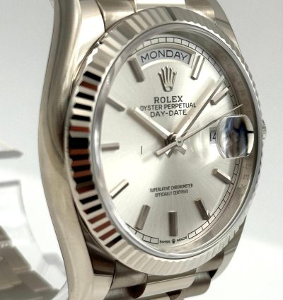 Rolex Day-date 36 36mm Silver Index Dial White Gold Bracelet 128239 Unworn 2022