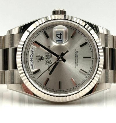 Rolex Day-date 36 36mm Silver Index Dial White Gold Bracelet 128239 Unworn 2022