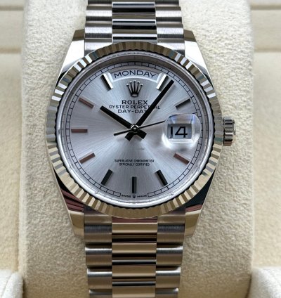 Rolex Day-date 36 36mm Silver Index Dial White Gold Bracelet 128239 Unworn 2022