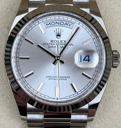 Rolex Day-date 36 36mm Silver Index Dial White Gold Bracelet 128239 Unworn 2022