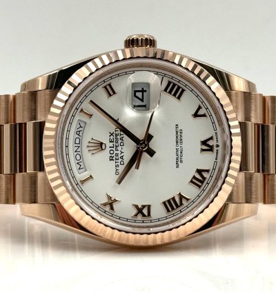 Rolex Day-date 36 36mm White Roman Dial Rose Gold Bracelet 128235 Unworn 2024