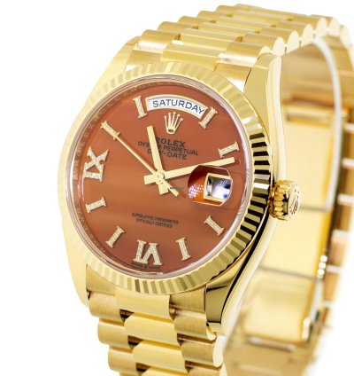 Rolex Day-date 36 36mm Yellow Gold Carnelian Roman Diamond Dial Fluted Bezel 128238
