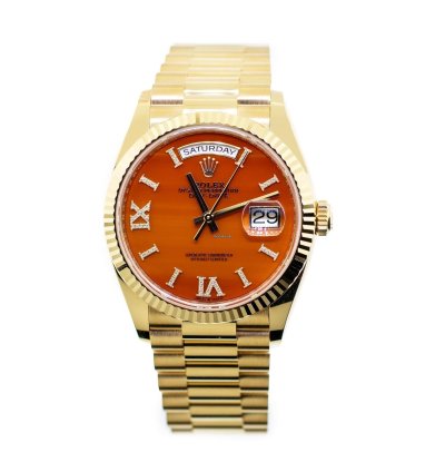 Rolex Day-date 36 36mm Yellow Gold Carnelian Roman Diamond Dial Fluted Bezel 128238