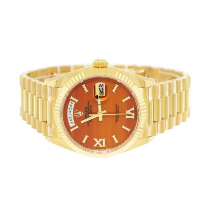 Rolex Day-date 36 36mm Yellow Gold Carnelian Roman Diamond Dial Fluted Bezel 128238