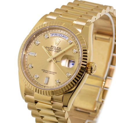Rolex Day-date 36 36mm Yellow Gold Champagne Diamond Dial Fluted Bezel 128238
