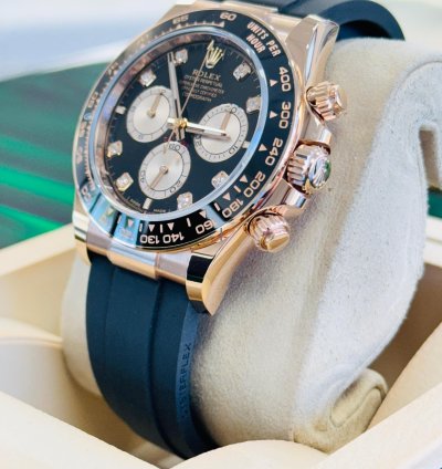 Rolex Daytona 126515ln Rose Gold Oysterflex Factory Black Diamond Dial Unworn Box And Papers