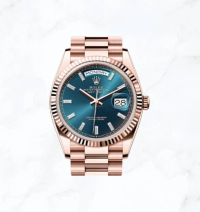 Rolex Day-date 36 Everose Gold Blue Baguette Diamond Dial new Unworn