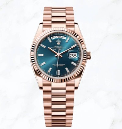 Rolex Day-date 36 Everose Gold Blue Baguette Diamond Dial new Unworn