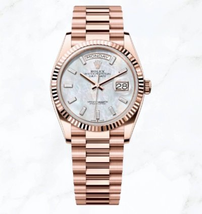 Rolex Day-date 36 Everose Gold Mother Of Pearl Baguette Diamond Dial new Unworn