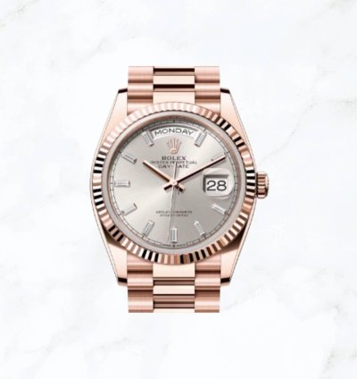 Rolex Day-date 36 Everose Gold Silver Baguette Diamond Dial new Unworn