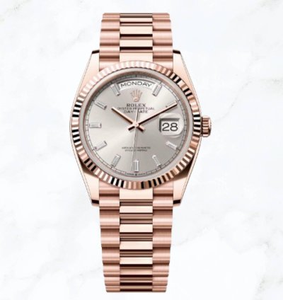 Rolex Day-date 36 Everose Gold Silver Baguette Diamond Dial new Unworn