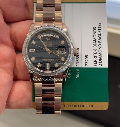 Rolex Day-date 36 Ferrite Diamond Dial Factory Baguette Diamond Bezel Oyster 118395br