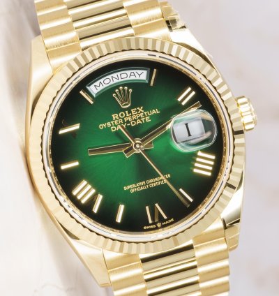 Rolex Day-date 36 In Stock Unworn 2024 Green Ombr Ref 128238 Day-date 36 Yellow Gold Roman Numerals