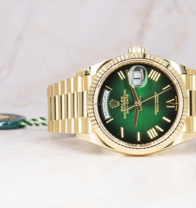 Rolex Day-date 36 In Stock Unworn 2024 Green Ombr Ref 128238 Day-date 36 Yellow Gold Roman Numerals
