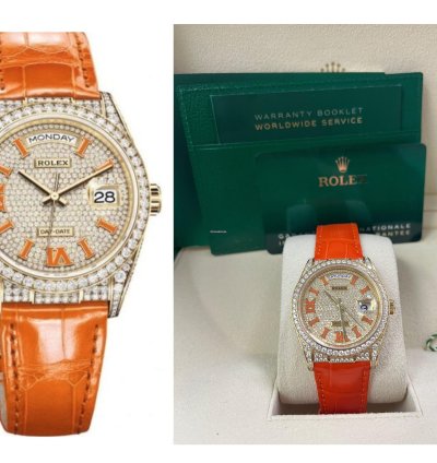Rolex Day-date 36 Orange Alligator Strap Pave Dial 128158rbr