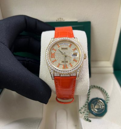 Rolex Day-date 36 Orange Alligator Strap Pave Dial 128158rbr