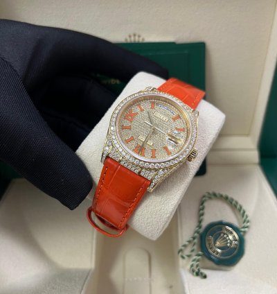 Rolex Day-date 36 Orange Alligator Strap Pave Dial 128158rbr