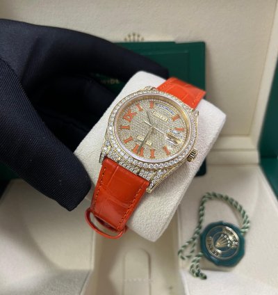 Rolex Day-date 36 Orange Alligator Strap Pave Dial 128158rbr