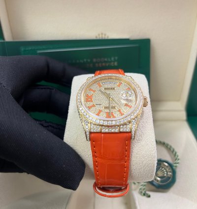 Rolex Day-date 36 Orange Alligator Strap Pave Dial 128158rbr