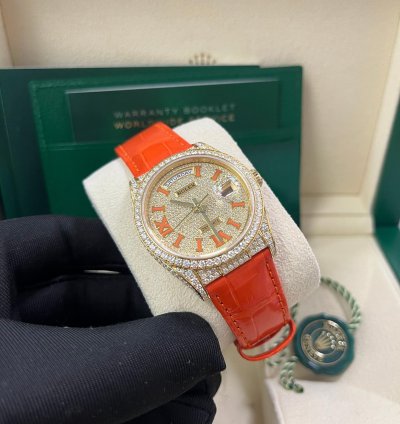 Rolex Day-date 36 Orange Alligator Strap Pave Dial 128158rbr