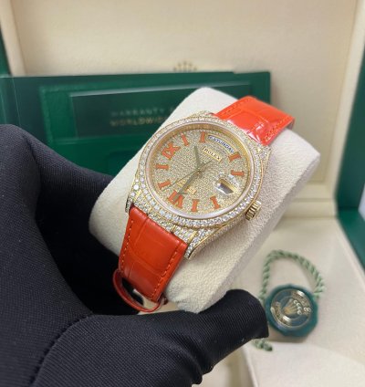 Rolex Day-date 36 Orange Alligator Strap Pave Dial 128158rbr
