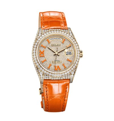 Rolex Day-date 36 Orange Alligator Strap Pave Dial 128158rbr