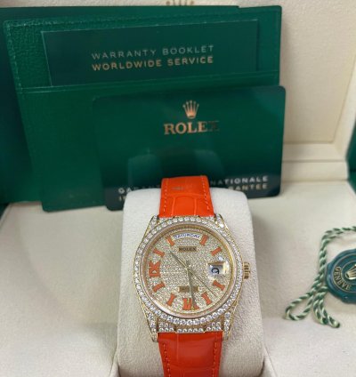 Rolex Day-date 36 Orange Alligator Strap Pave Dial 128158rbr