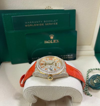 Rolex Day-date 36 Orange Alligator Strap Pave Dial 128158rbr