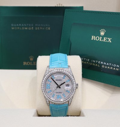 Rolex Day-date 36 Pav Tiffany Turquoise Leather New Full Set Off Catalogue
