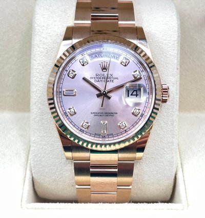 Rolex Day-date 36 Pink Sundust Diamond Dial New Unworn 2022 Full Set Box Papers