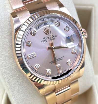 Rolex Day-date 36 Pink Sundust Diamond Dial New Unworn 2022 Full Set Box Papers