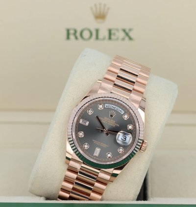 Rolex Day-date 36 President Rose Gold Slate Diamond Baguette Dial 128235 18kt Everose Gold