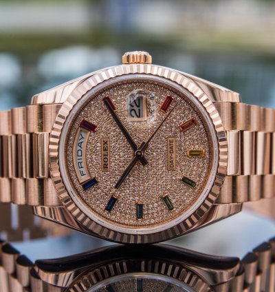 Rolex Day-date 36 Rainbow Baguette - Diamond Paved Dial