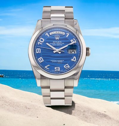 Rolex Day-date 36 Ref 118209 18k White Gold Rare Blue Wave Dial New Rolex Service Guarantee