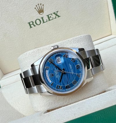 Rolex Day-date 36 Ref 118209 18k White Gold Rare Blue Wave Dial New Rolex Service Guarantee
