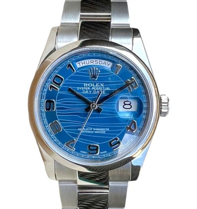 Rolex Day-date 36 Ref 118209 18k White Gold Rare Blue Wave Dial New Rolex Service Guarantee