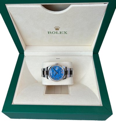 Rolex Day-date 36 Ref 118209 18k White Gold Rare Blue Wave Dial New Rolex Service Guarantee
